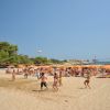 Persone giocano a beach volley su una spiaggia soleggiata.