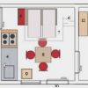 Planimetria di un appartamento con cucina, soggiorno e camera da letto.