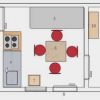 Planimetria di un appartamento con cucina, soggiorno e camera da letto.