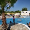 Piscina con bambini che nuotano e si divertono, circondata da palme e sdraio con ombrelloni gialli.