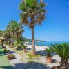 Spiaggia con palme, vista mare e cielo blu.