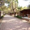 Viale lastricato tra bungalow in legno.